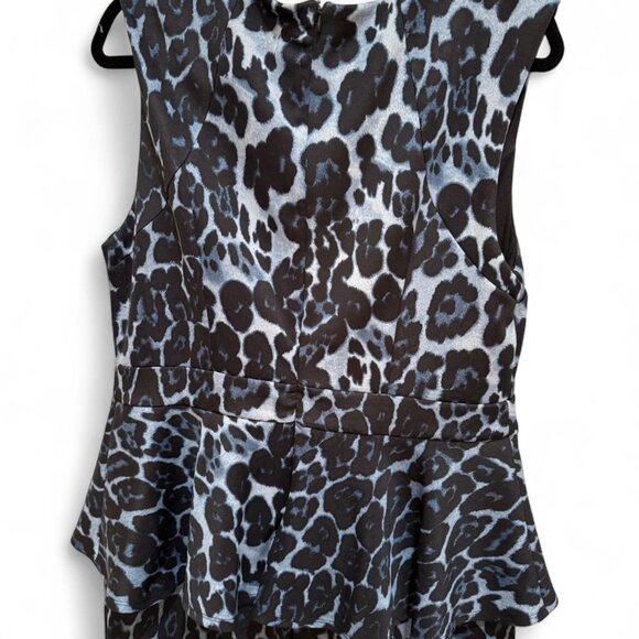 Light Blue & Black Leopard Print Forever 21+ Peplum Pencil Party Dress - Picture 3 of 6